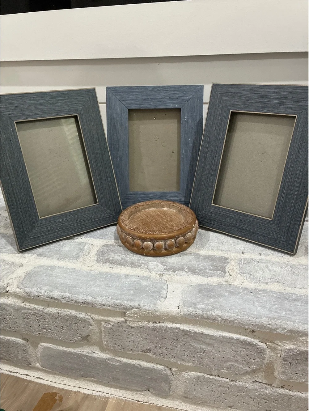 Set of 3 Blue Wood Picture Frames with Decorative Wooden Stand